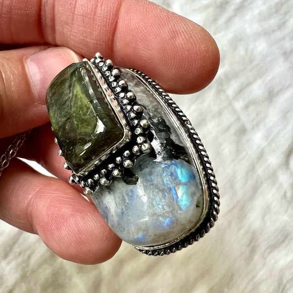 925 SUNSET Flash! Layered Labradorite on Moonstone w/ Black Tourmaline! necklace - Picture 4 of 10